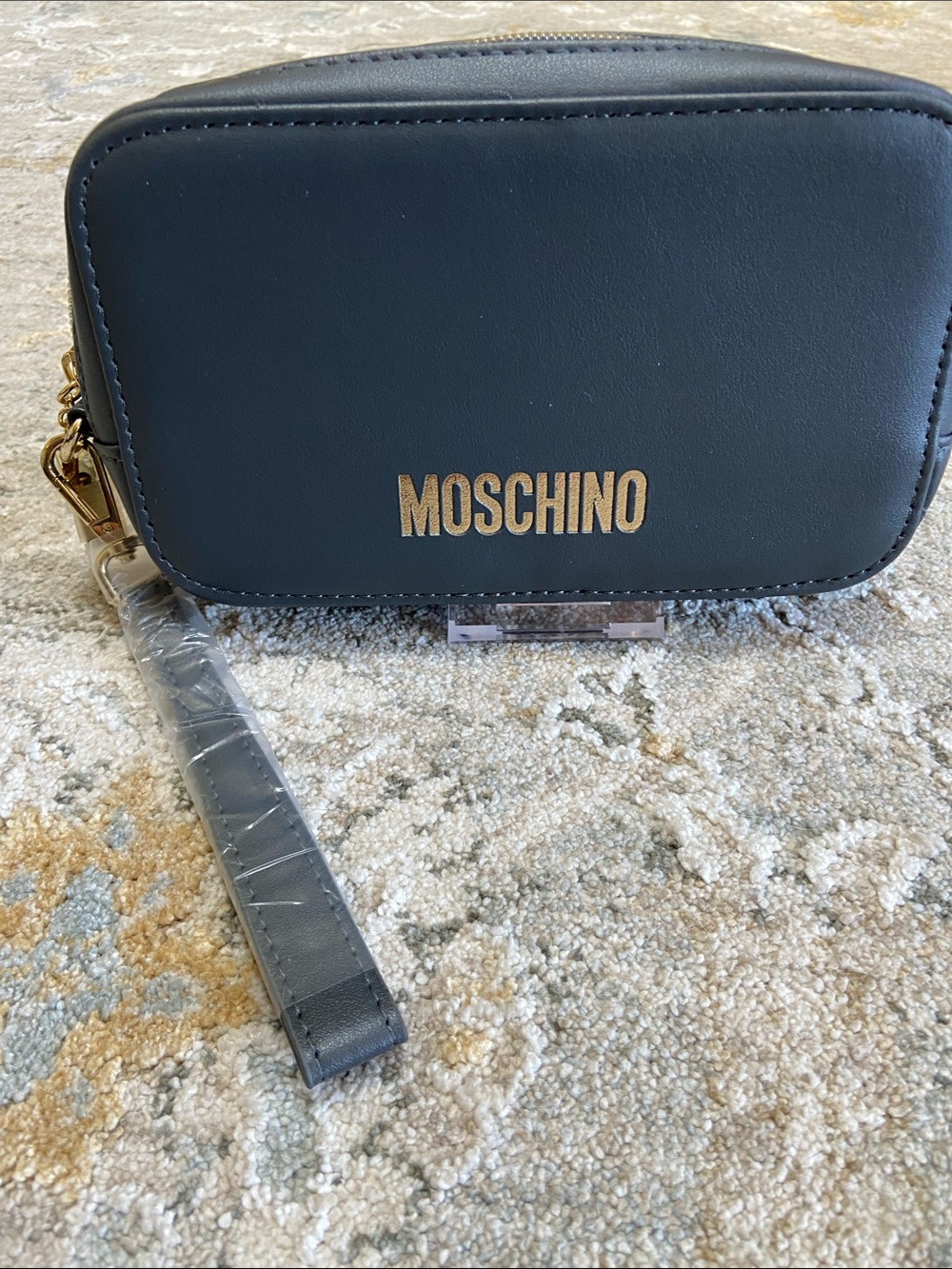Moschino Gray Faux Leather Cosmetic Bag with Gold Logo Accent